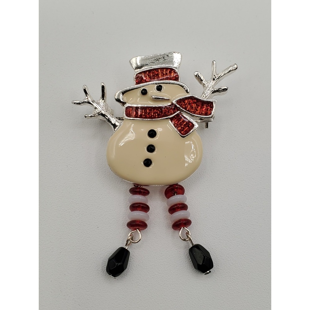Vtg Silvertone White Enamel Snowman w Dancing Legs Christmas‎ Brooch Pin
